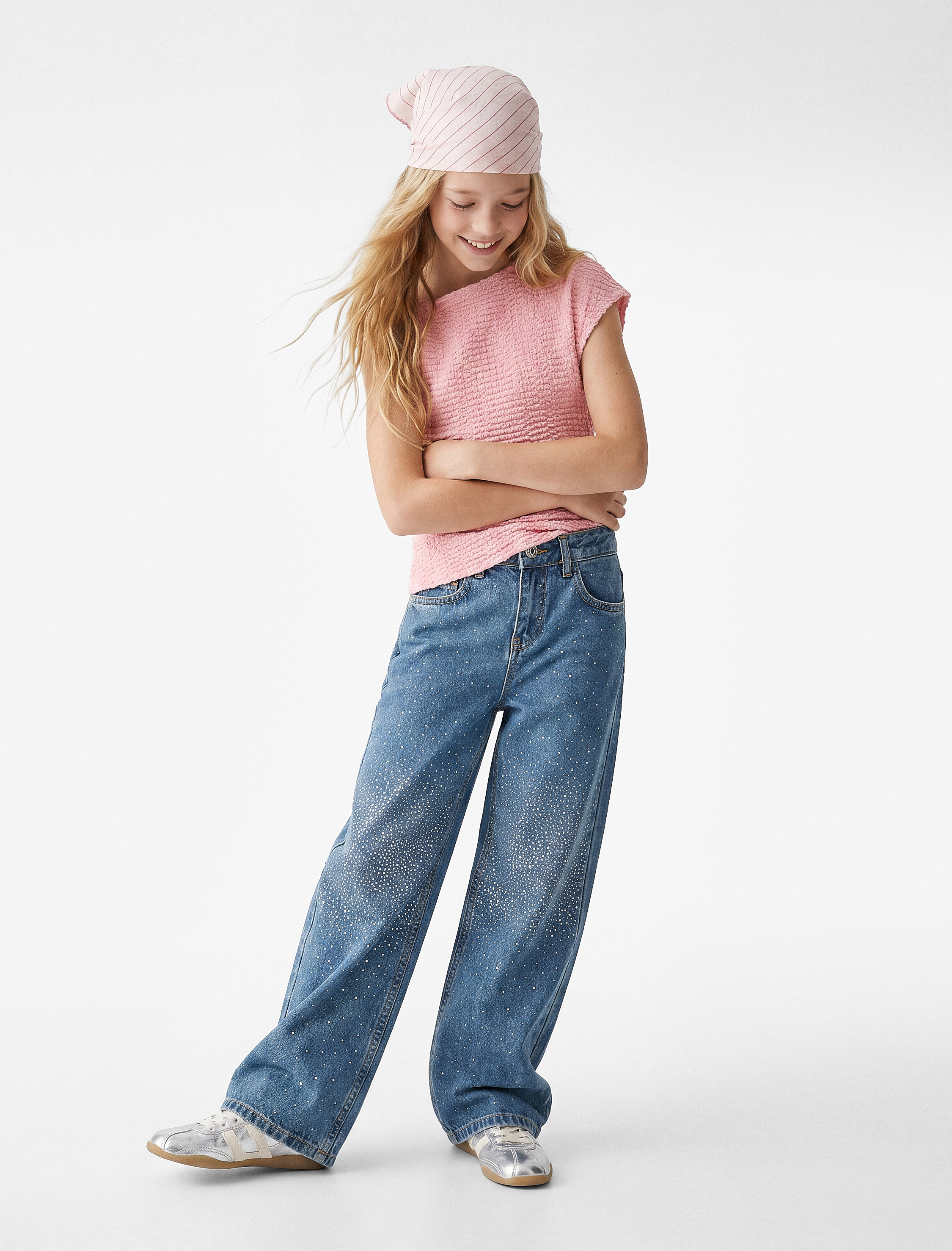  Kız Çocuk Parıltılı Taş Detaylı Pamuklu Geniş Paça Denim Pantolon