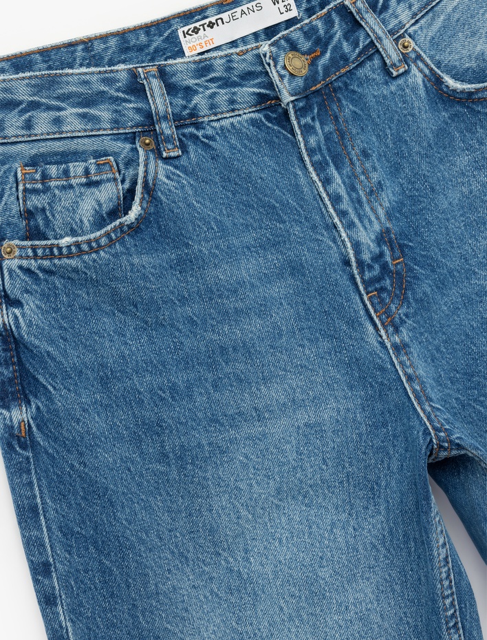  Pamuklu Normal Kesim Düğmeli Düz Paça Yıkamalı Denim Pantolon - Straight Fit Jean