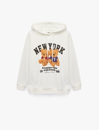 Üç İplik Şardonlu Cep Detaylı Ayıcık Baskılı Kapüşonlu Sweatshirt