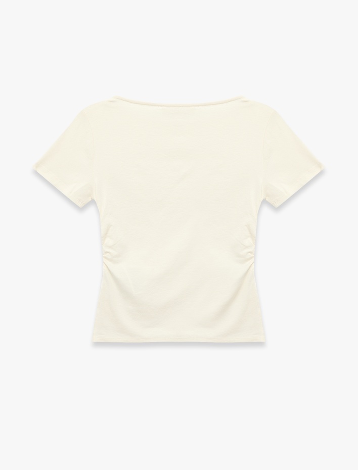  Viskon Slim Fit Büzgülü Bisiklet Yaka Kısa Kollu Tişört