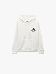 Şardonlu Uzun Kollu Fermuarlı Kanguru Cepli Baskılı Kapüşonlu Sweatshirt
