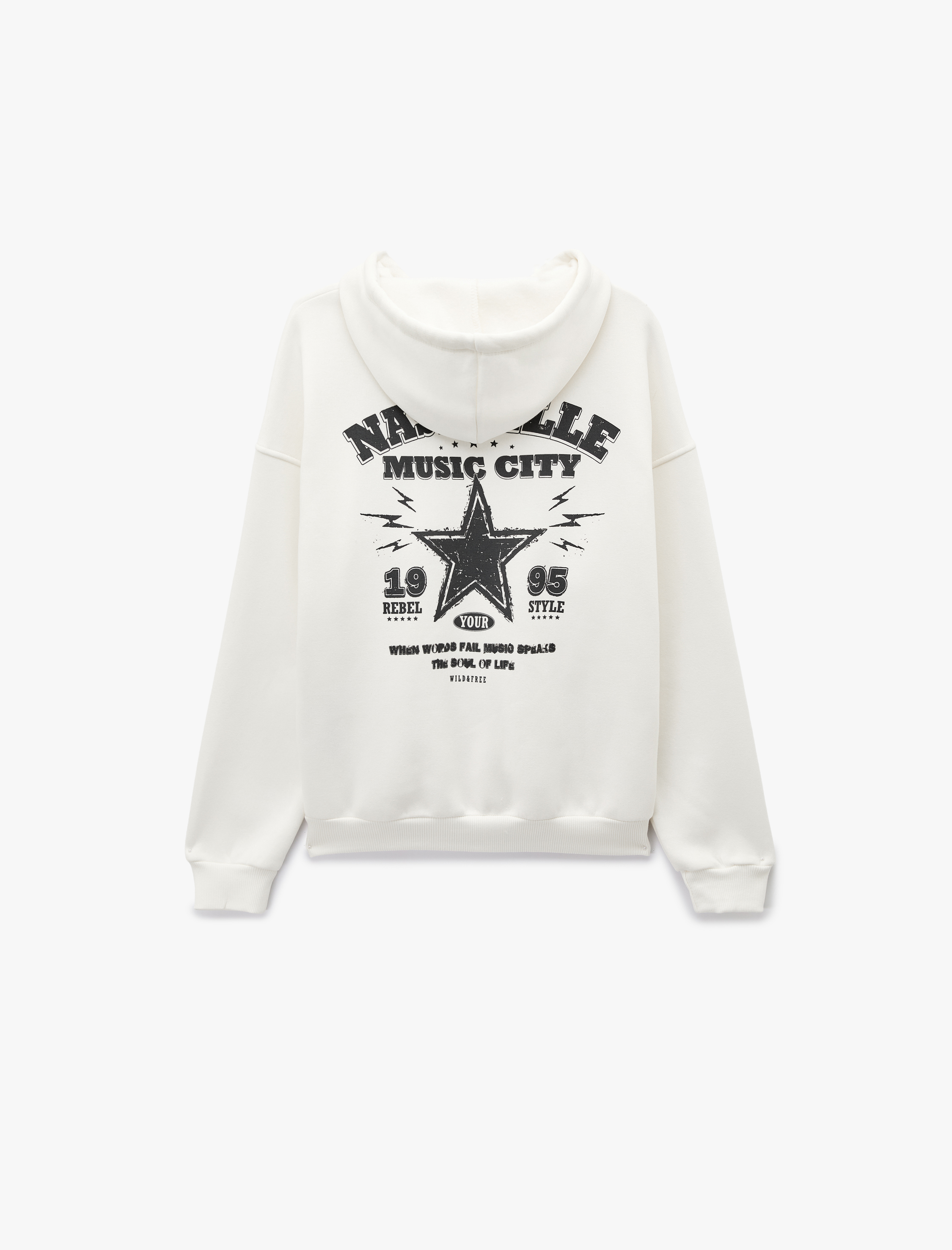   Şardonlu Uzun Kollu Fermuarlı Kanguru Cepli Baskılı Kapüşonlu Sweatshirt