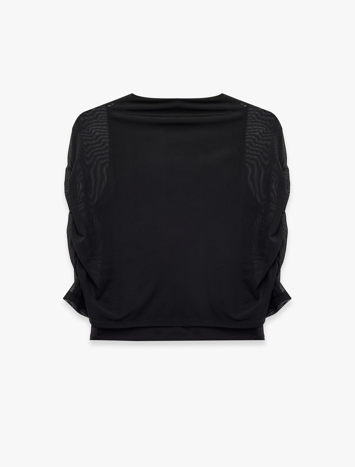  Slim Fit Dik Yaka Kolsuz Tül Detaylı Bluz