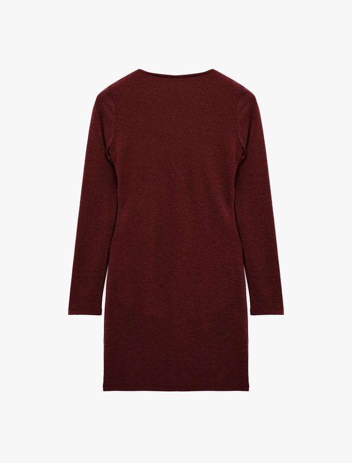  Koyun Yünü Karışımlı Slim Fit Uzun Kollu Drapeli Mini Elbise