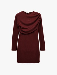 Koyun Yünü Karışımlı Slim Fit Uzun Kollu Drapeli Mini Elbise