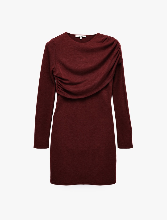  Koyun Yünü Karışımlı Slim Fit Uzun Kollu Drapeli Mini Elbise