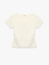 Viskon Slim Fit Büzgülü Bisiklet Yaka Kısa Kollu Tişört