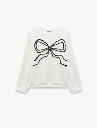 Üç İplik Şardonlu Fiyonk Nakışlı Bisiklet Yaka Uzun Kollu Sweatshirt