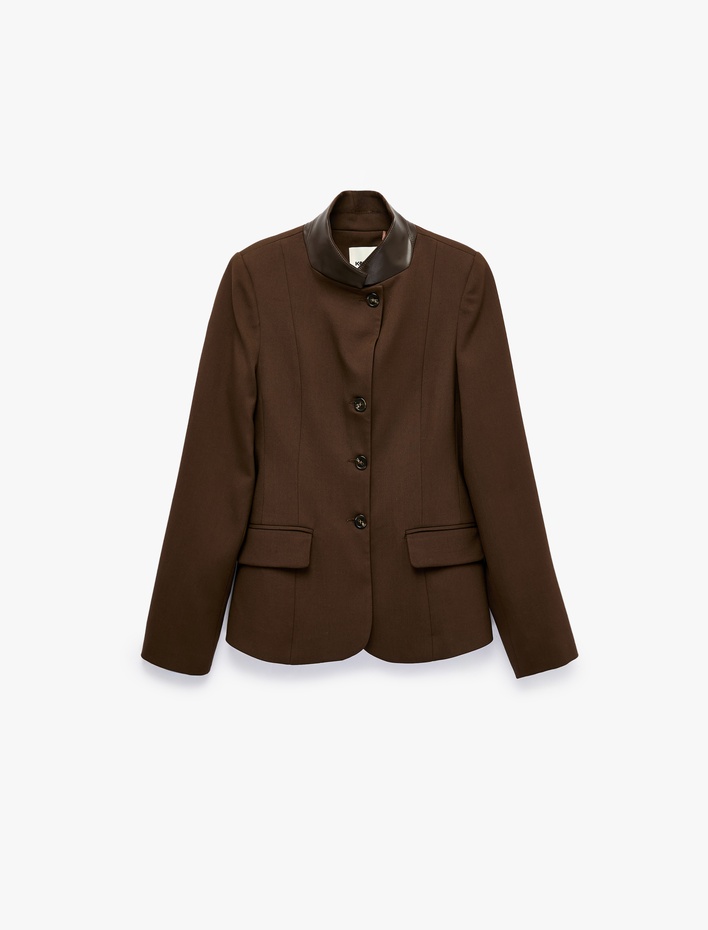  Viskon Karışımlı Uzun Kollu Suni Deri Yaka Detaylı Slim Fit Ceket