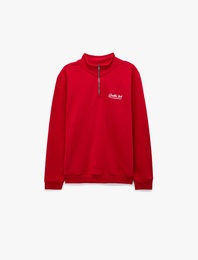 Pamuklu Uzun Kollu Baskılı Yarım Fermuarlı Sweatshirt