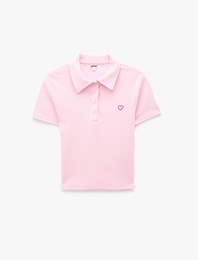 Pamuklu Slim Fit Düğmeli Kalp İşleme Detaylı Polo Yaka Kısa Kollu Fitilli Tişört