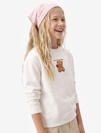 Ayıcık Baskılı Uzun Kollu Bisiklet Yaka Sweatshirt