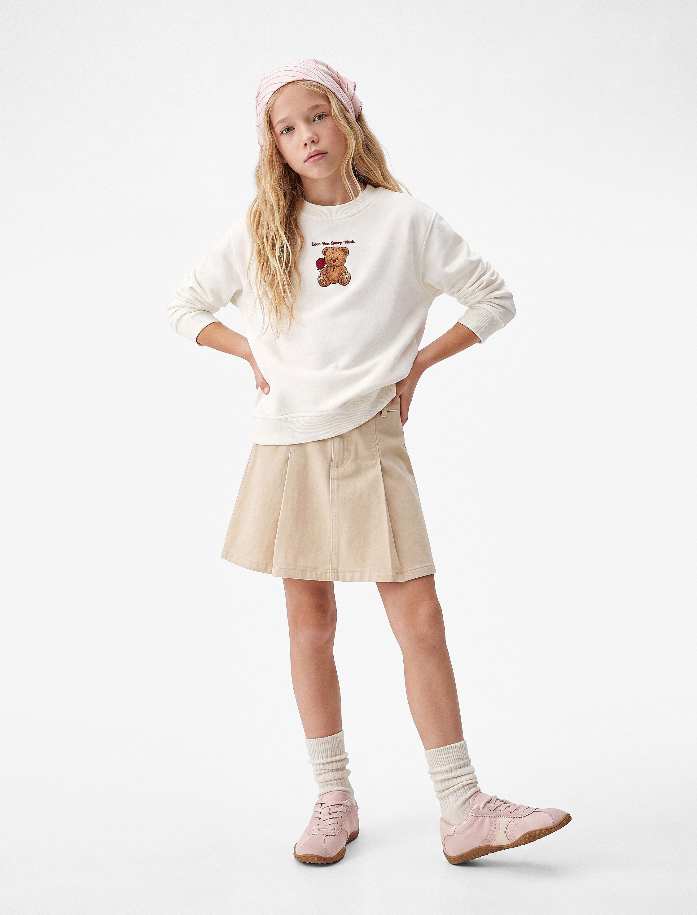  Kız Çocuk Ayıcık Baskılı Uzun Kollu Bisiklet Yaka Sweatshirt