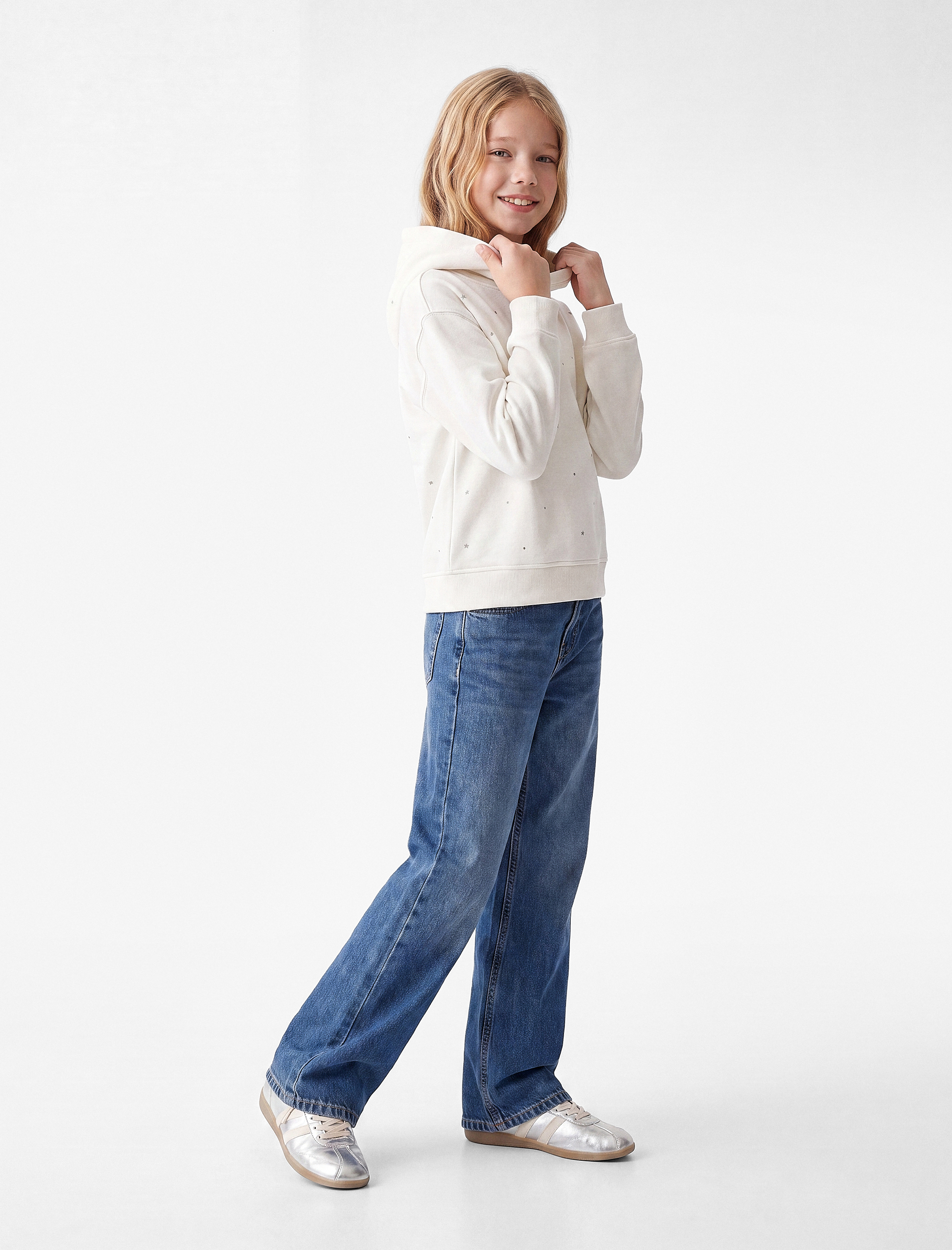  Kız Çocuk Pamuklu Loose Fit Geniş Paça Denim Pantolon