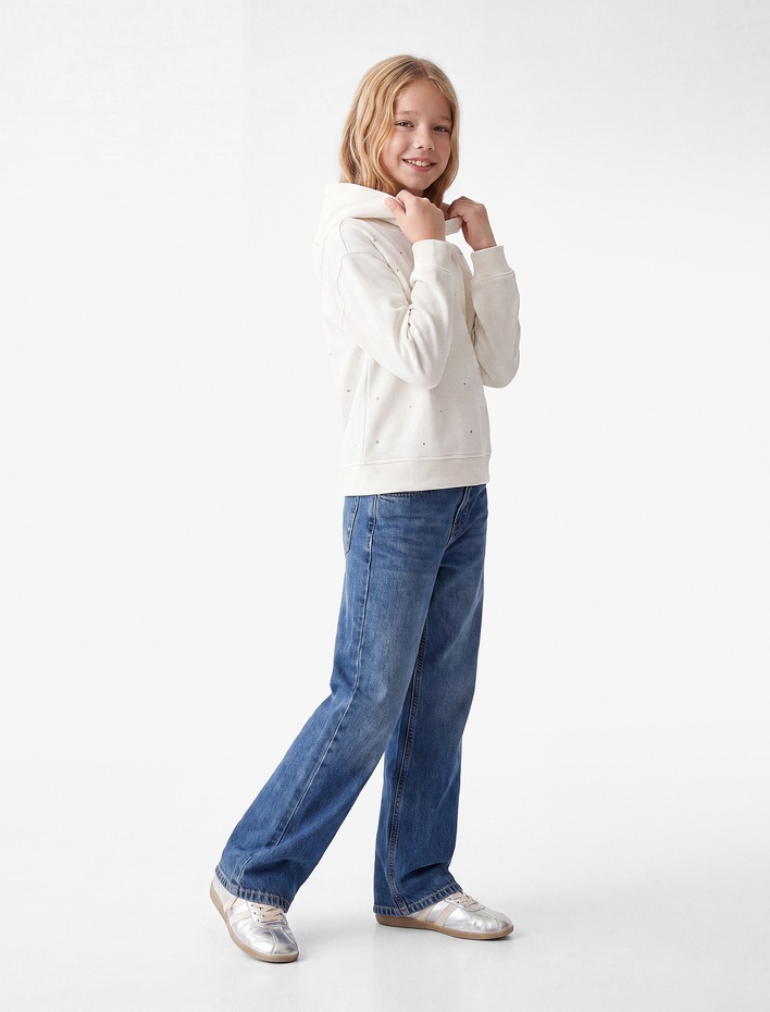 Kız Çocuk Pamuklu Loose Fit Geniş Paça Denim Pantolon