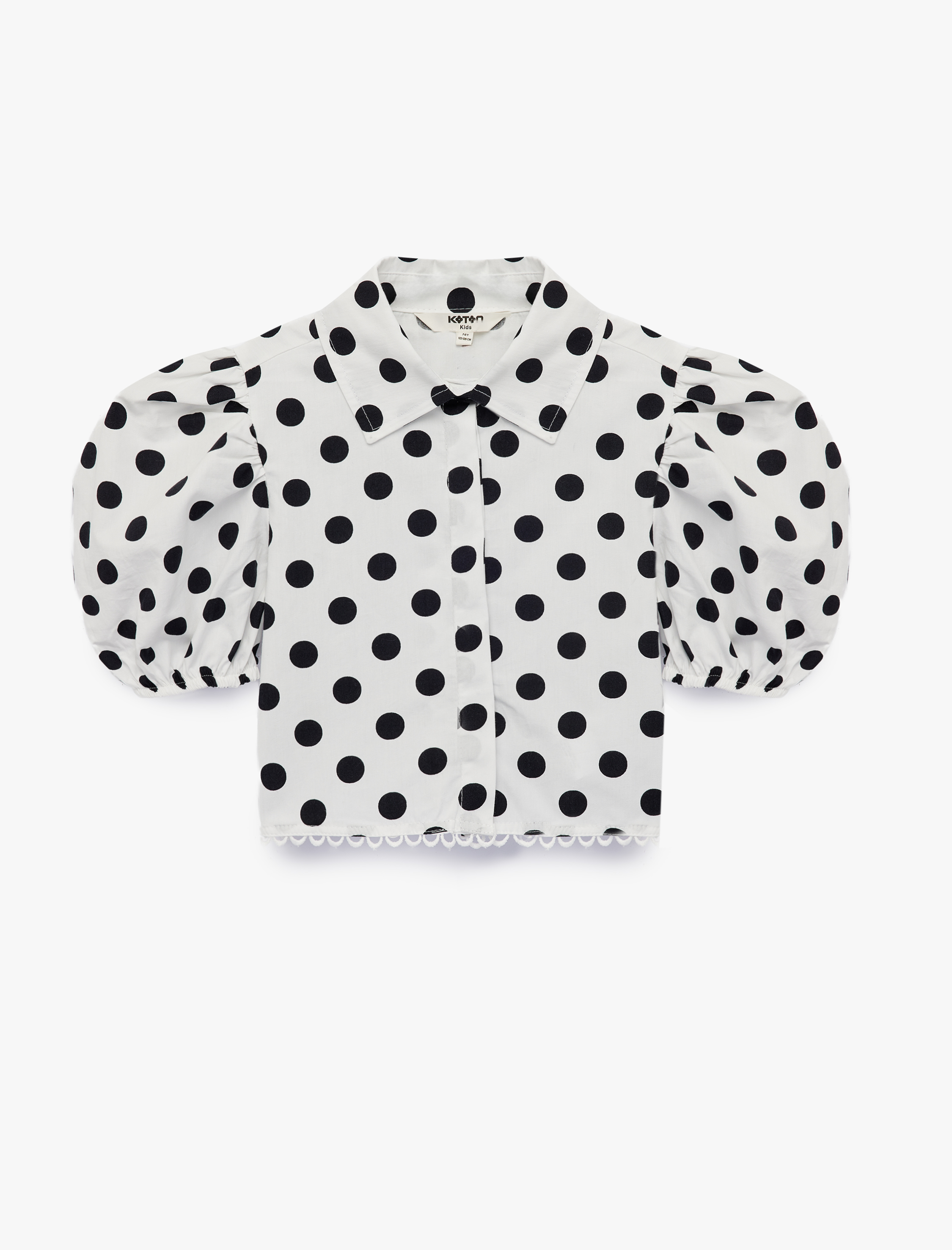  Kız Çocuk Balon Kollu Slim Fit Pamuklu Puantiyeli Crop Gömlek