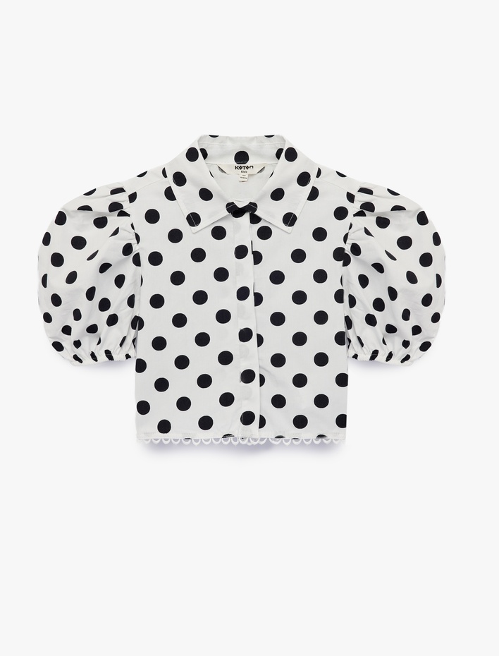 Kız Çocuk Balon Kollu Slim Fit Pamuklu Puantiyeli Crop Gömlek