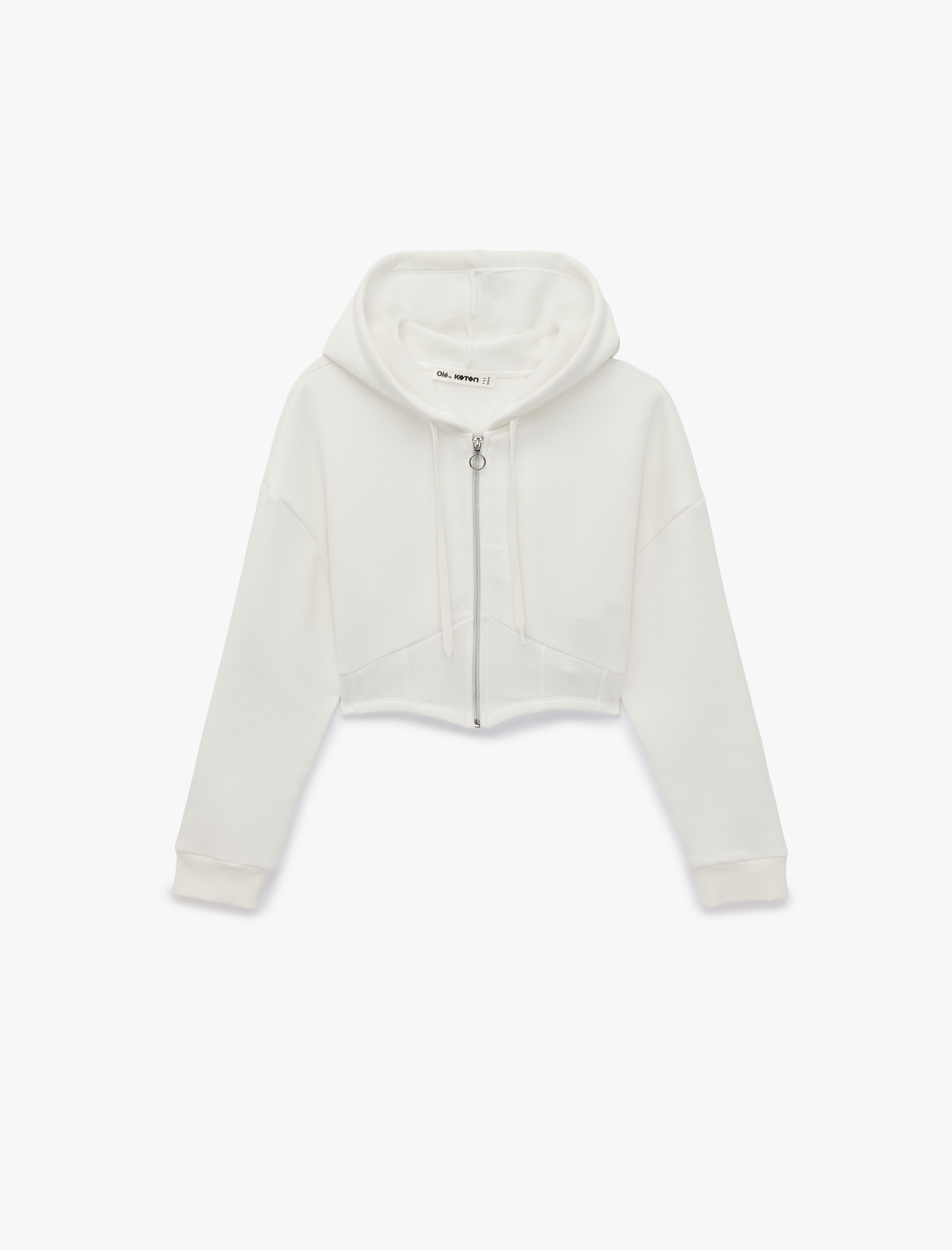   Şardonlu Uzun Kollu Kapüşonlu Korse Detaylı Fermuarlı Crop Sweatshirt