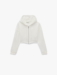 Şardonlu Uzun Kollu Kapüşonlu Korse Detaylı Fermuarlı Crop Sweatshirt