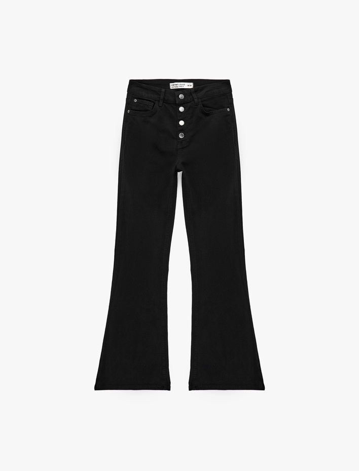  Düğme Detaylı Yüksek Bel Cepli İspanyol Paça Denim Pantolon - Flare Jeans