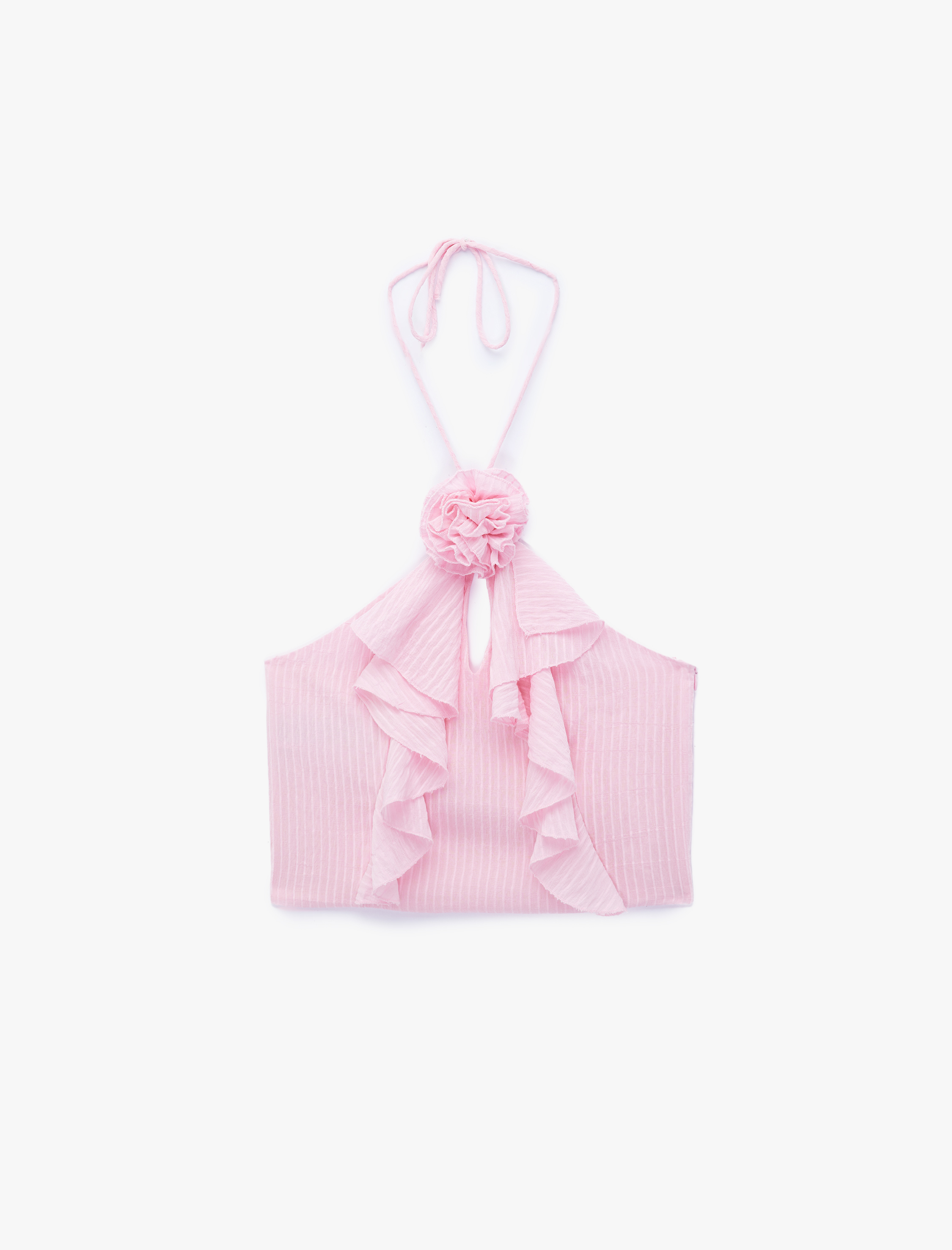   Koton X Sibil Çetinkaya - Çiçek Aplike Detaylı Fırfırlı Halter Yaka Crop Bluz