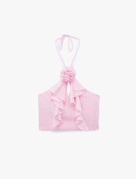 Koton X Sibil Çetinkaya - Çiçek Aplike Detaylı Fırfırlı Halter Yaka Crop Bluz
