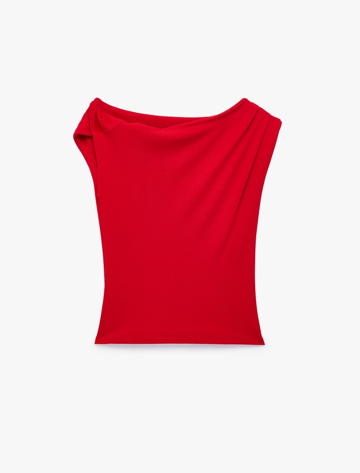  Pamuklu Omzu Açık Asimetrik Kısa Kollu Slim Fit Baskılı Tişört