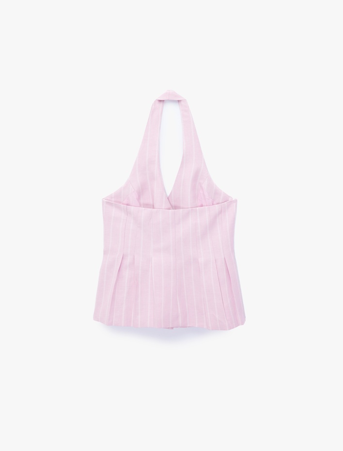  Keten Karışımlı Sırt Dekolteli Çizgili Pileli Peplum Halter Yaka Yelek