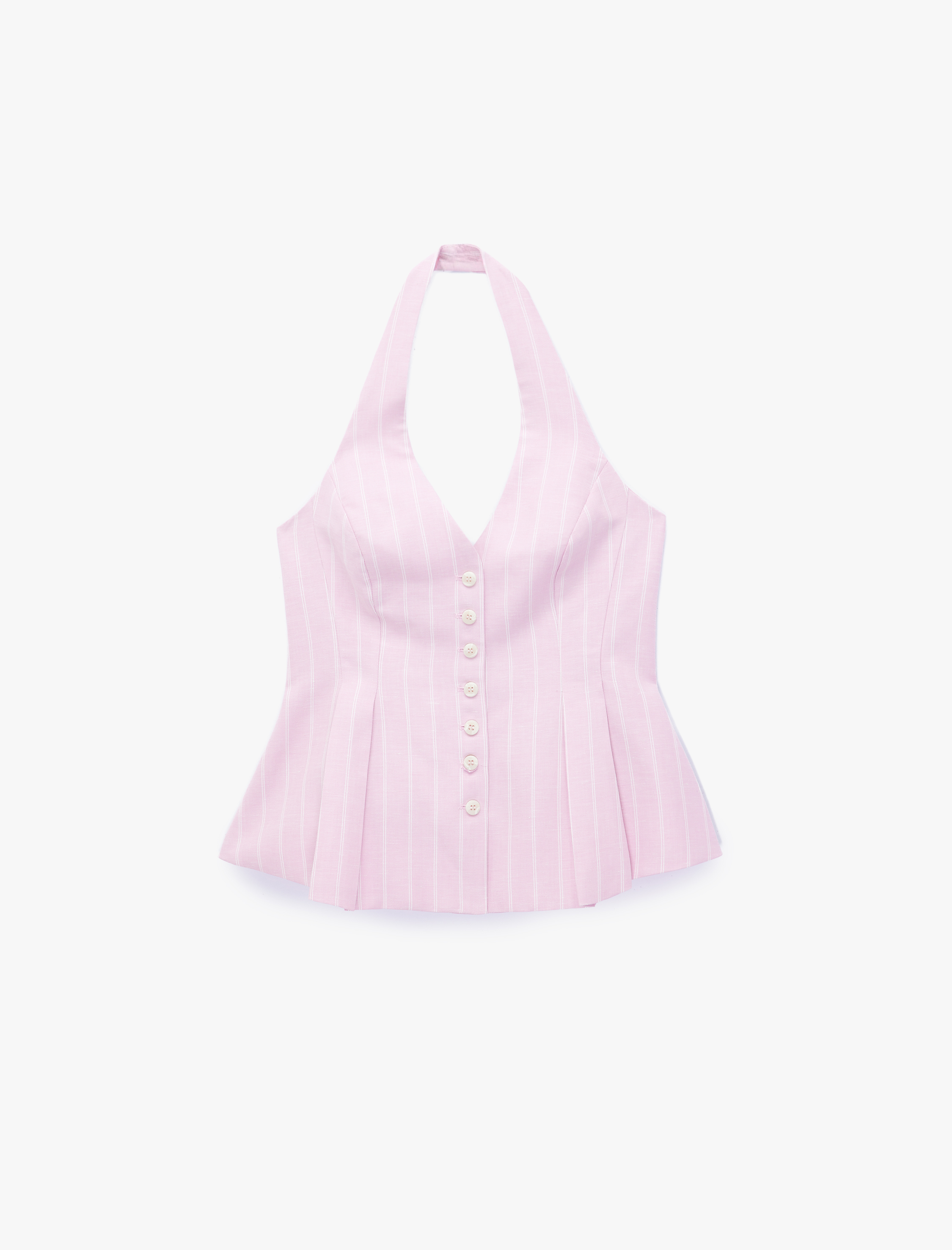   Keten Karışımlı Sırt Dekolteli Çizgili Pileli Peplum Halter Yaka Yelek
