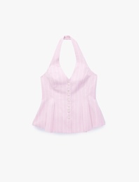 Keten Karışımlı Sırt Dekolteli Çizgili Pileli Peplum Halter Yaka Yelek