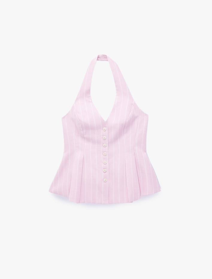  Keten Karışımlı Sırt Dekolteli Çizgili Pileli Peplum Halter Yaka Yelek