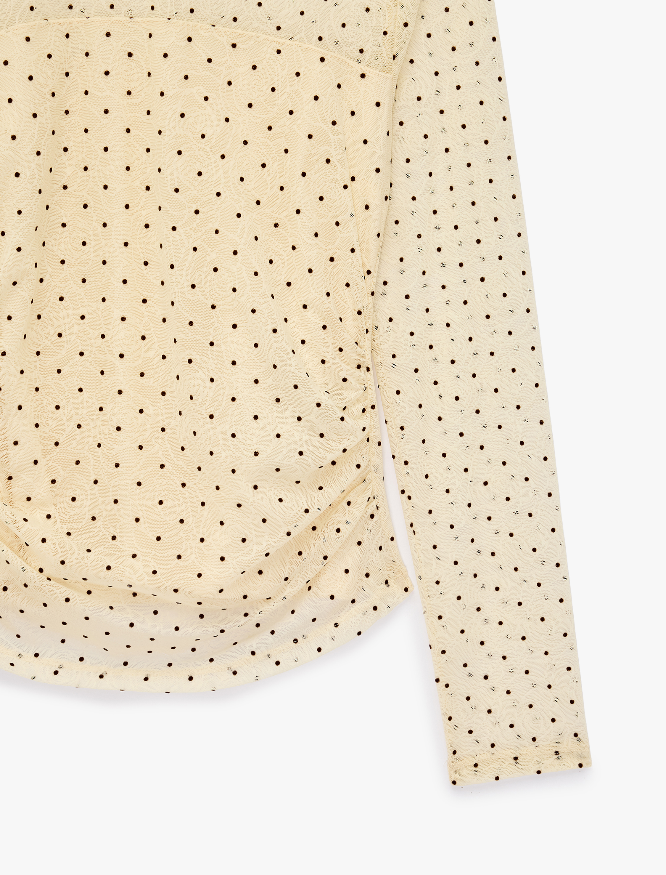   Slim Fit Uzun Kollu Drapeli Transparan Puantiyeli Dik Yaka Tül Tişört