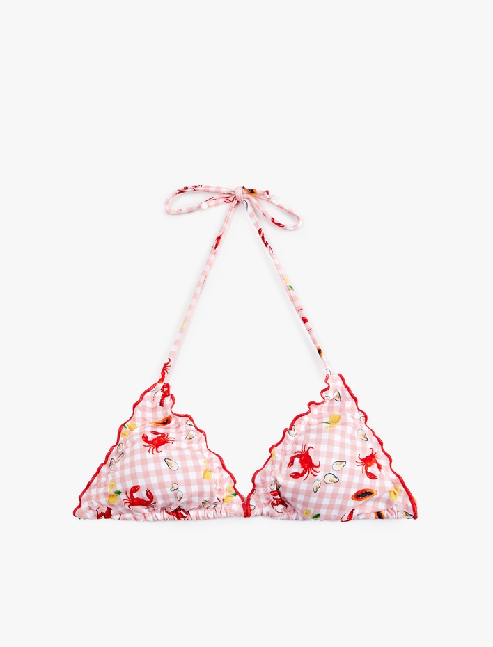  Koton X Sibil Çetinkaya - Fırfırlı Yengeç Baskılı Pötikareli Üçgen Bikini Üstü