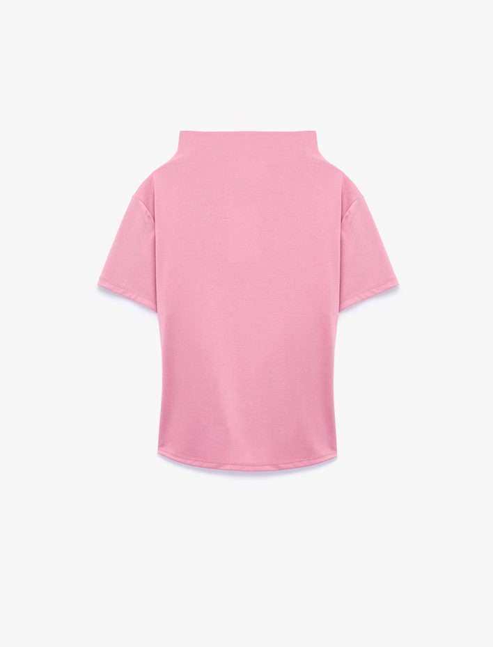 Modal Kumaş Slim Fit Drapeli Kısa Kollu Geniş Dik Yaka Bluz