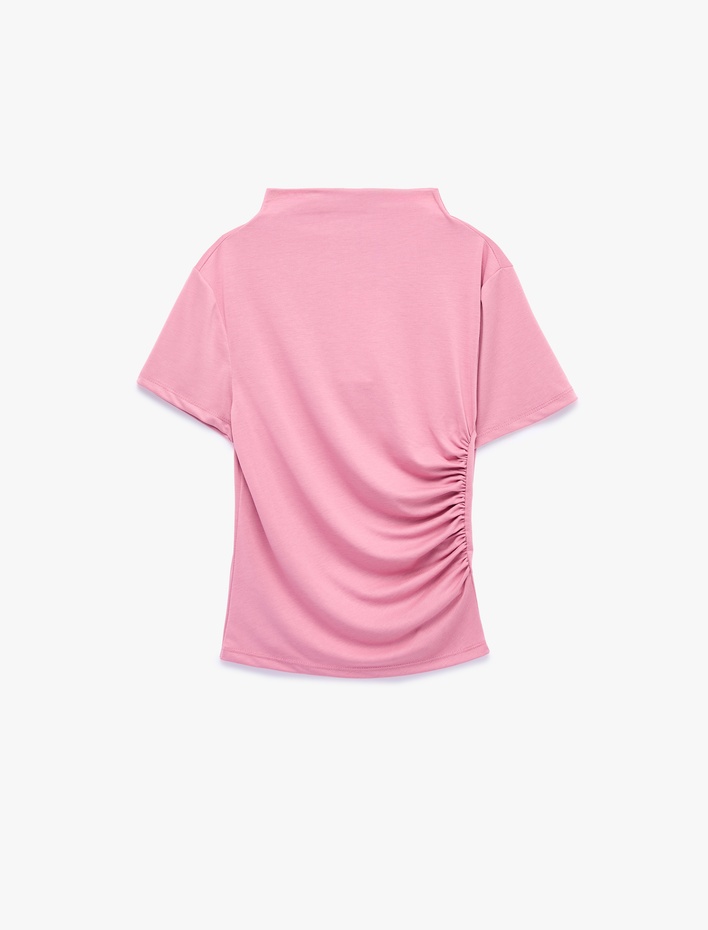  Modal Kumaş Slim Fit Drapeli Kısa Kollu Geniş Dik Yaka Bluz
