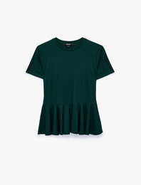 Kısa Kollu Bisiklet Yaka Volümlü Peplum Tişört