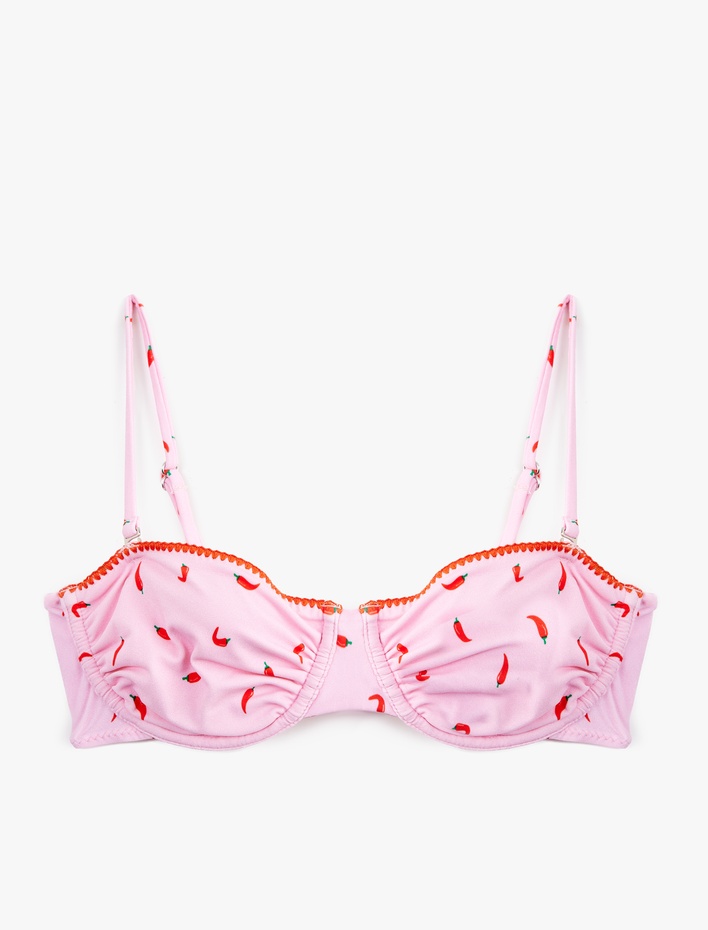  Koton X Sibil Çetinkaya - Kroşe Detaylı Biber Baskılı Balenli Bikini Üstü Çıkarılabilir Askılı