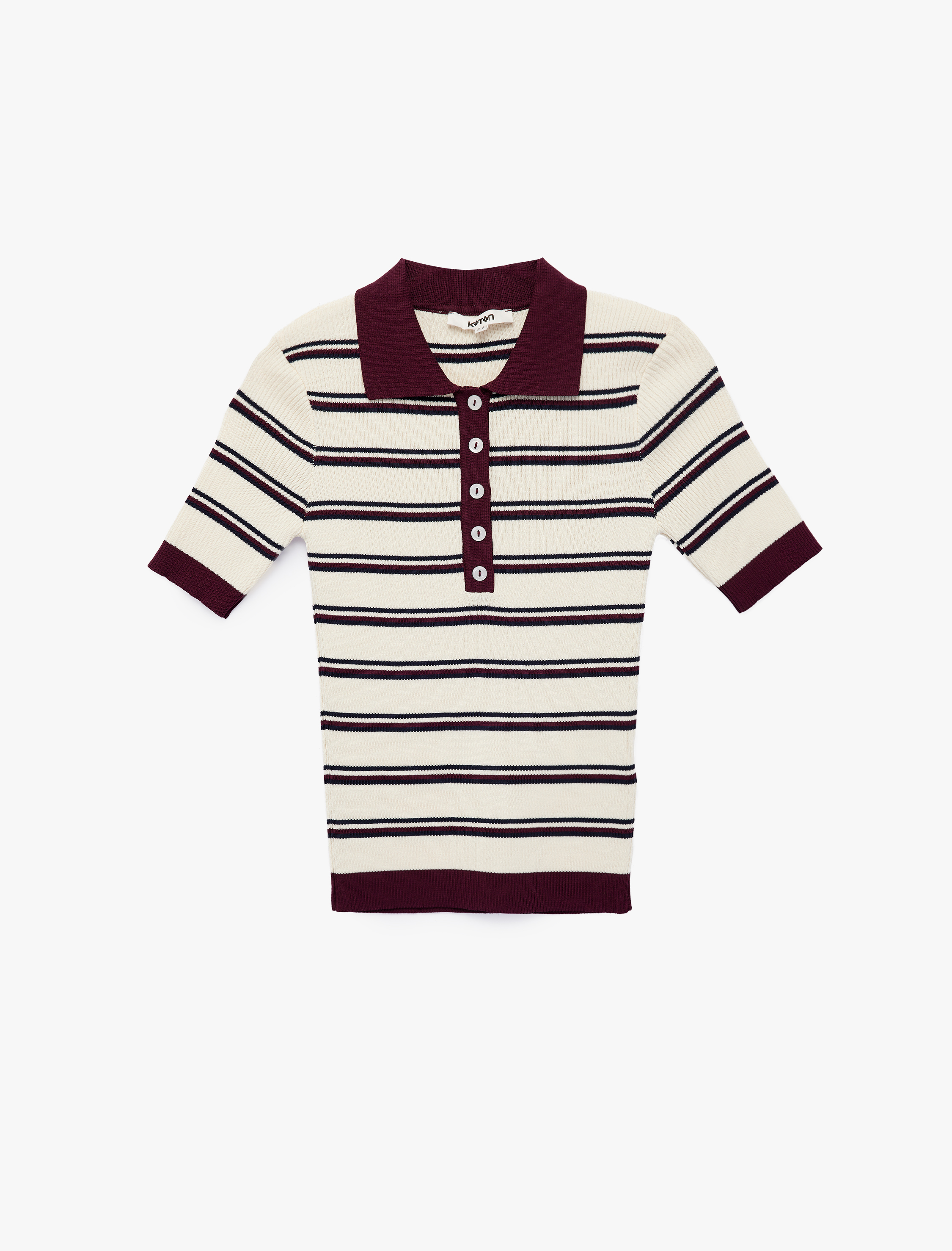  Regular Fit Polo Yaka Çizgili Kısa Kollu Triko Kazak