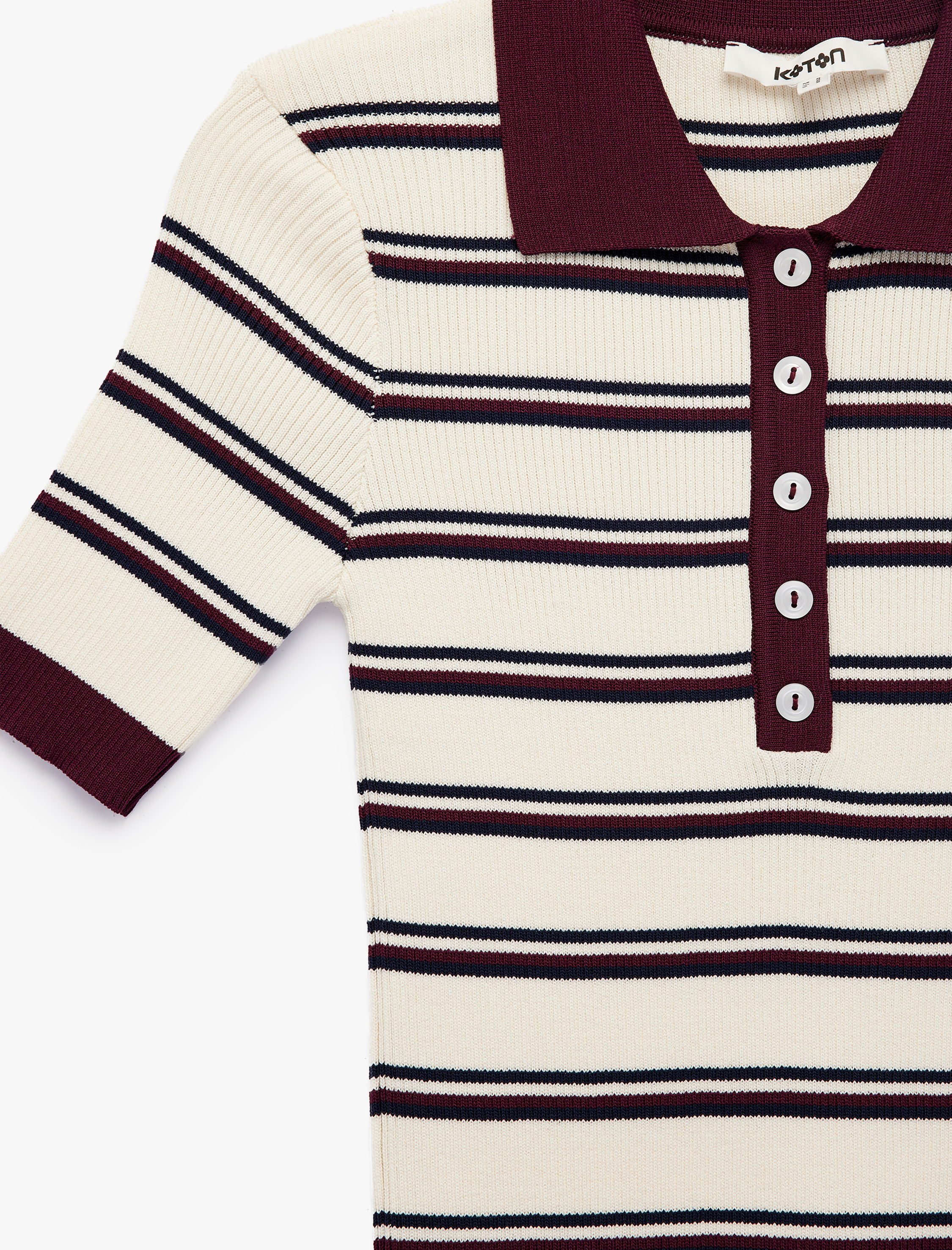   Regular Fit Polo Yaka Çizgili Kısa Kollu Triko Kazak