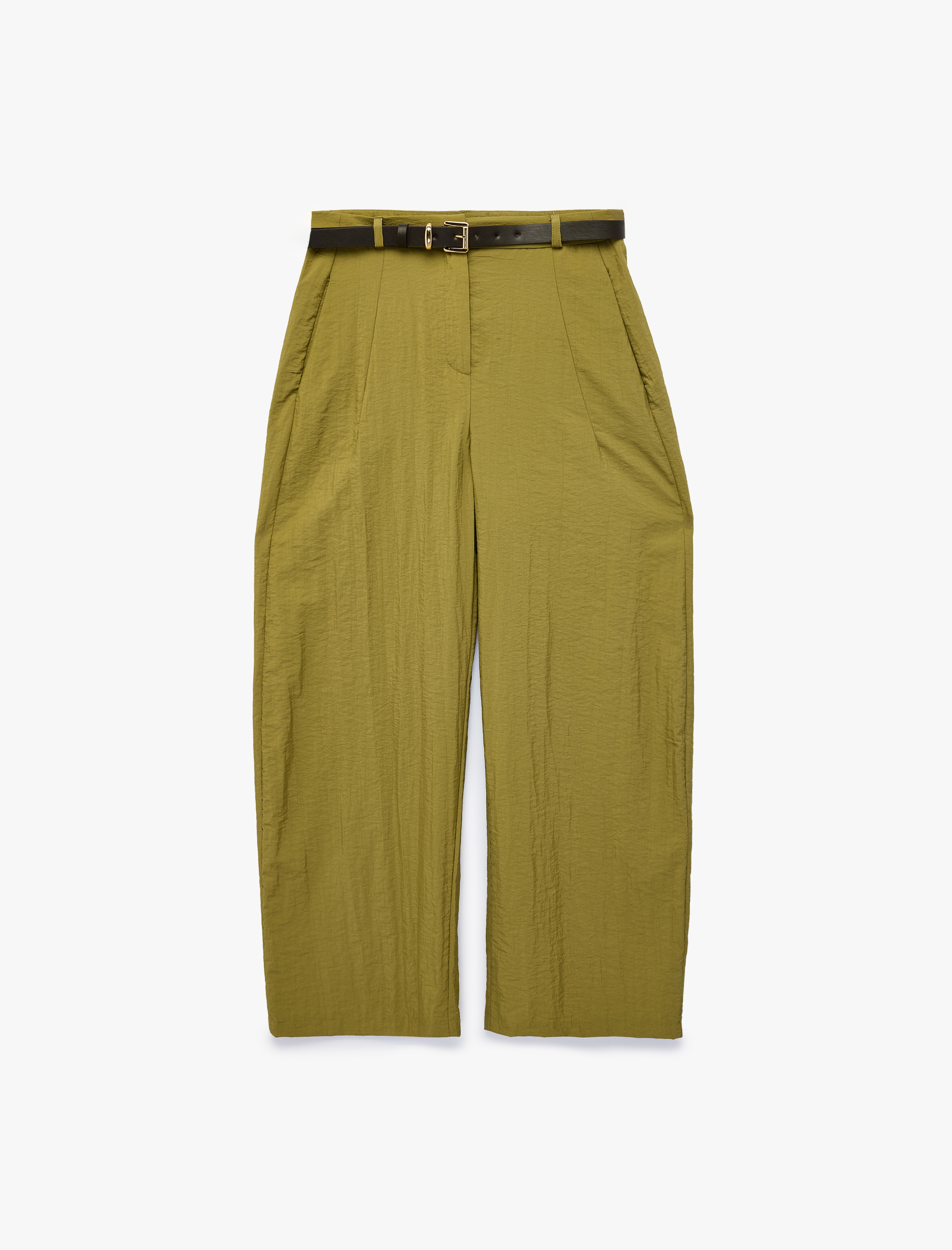   Cupro Kumaş Dokulu Cepli Kemerli Barrel Pantolon