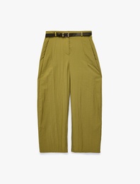 Cupro Kumaş Dokulu Cepli Kemerli Barrel Pantolon