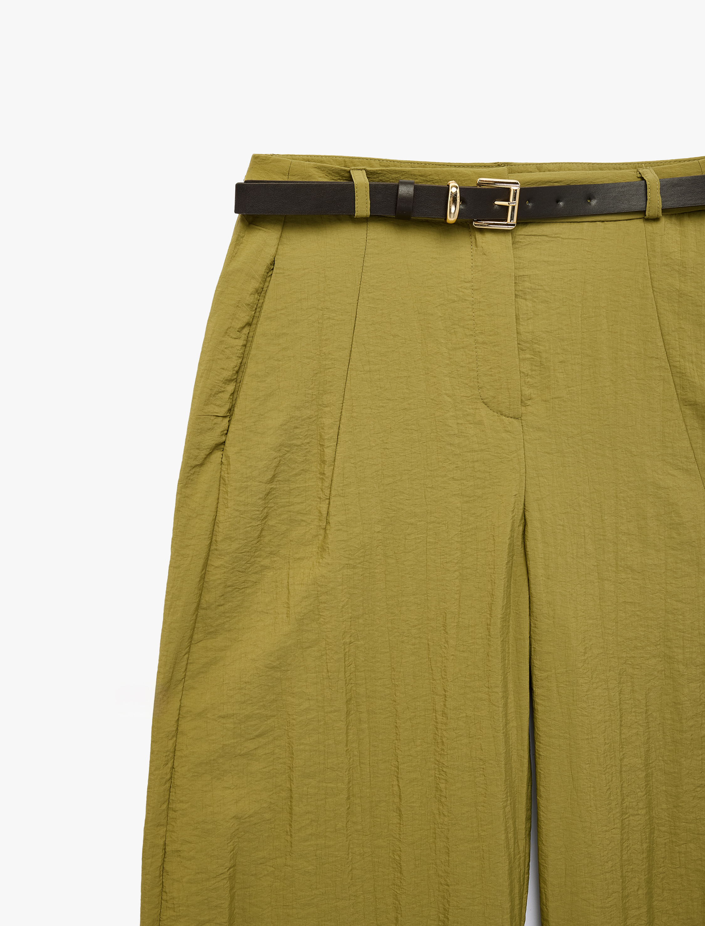  Cupro Kumaş Dokulu Cepli Kemerli Barrel Pantolon