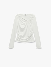 Slim Fit Uzun Kollu Asimetrik Yaka Büzgülü Bluz
