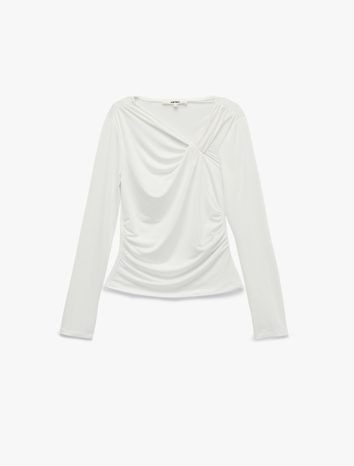  Slim Fit Uzun Kollu Asimetrik Yaka Büzgülü Bluz