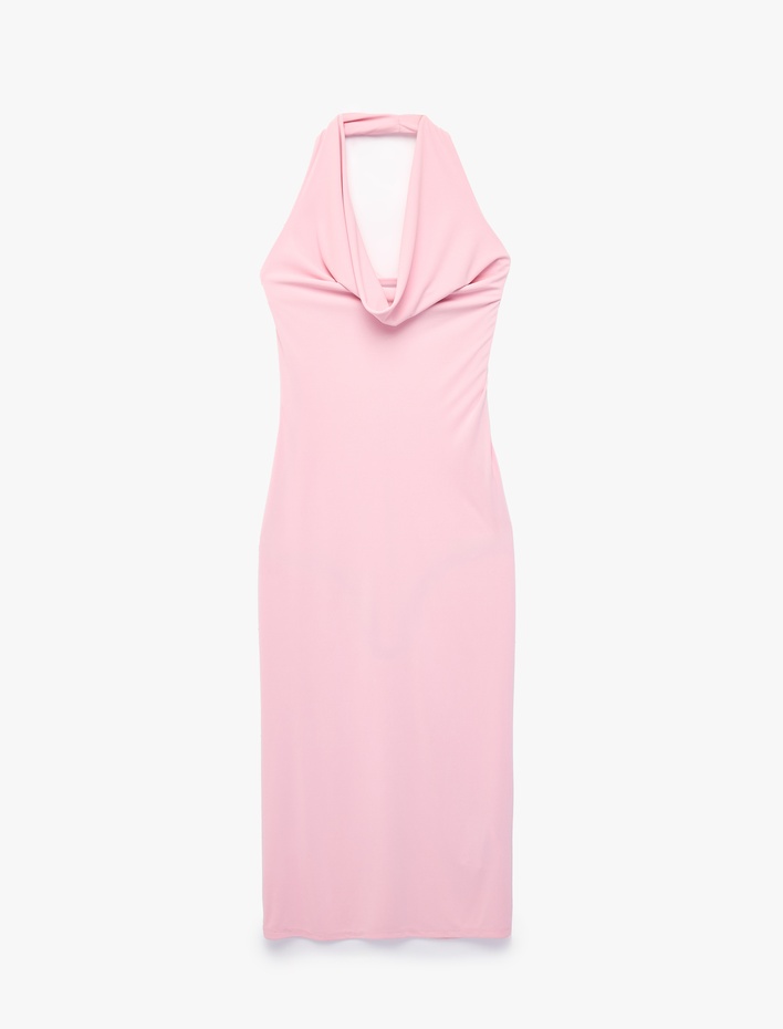  Slim Fit Kolsuz Sırt Dekolteli Degaje Yaka Midi Elbise