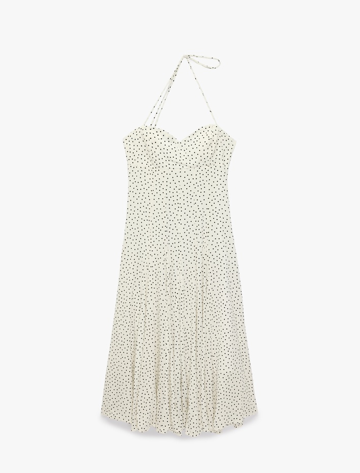  Viskon Boyundan Bağlamalı Kalp Yaka A Kesim Puantiyeli Uzun Elbise