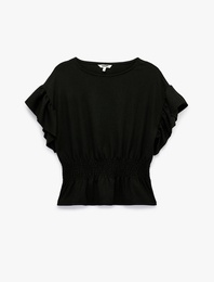 Slim Fit Bel Vurgulu Gipeli Bisiklet Yaka Fırfırlı Kısa Kollu Bluz