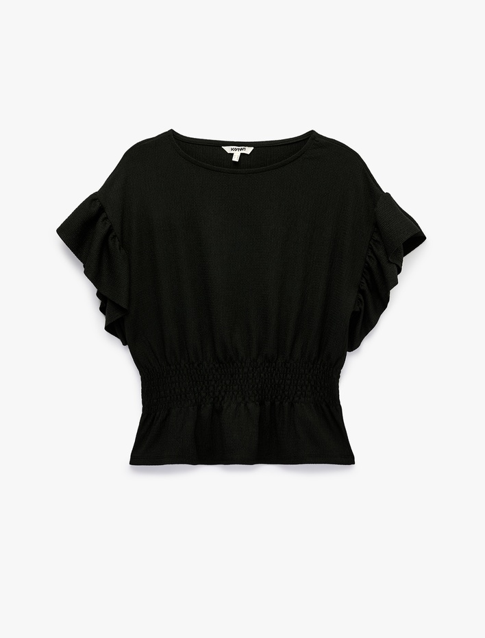  Slim Fit Bel Vurgulu Gipeli Bisiklet Yaka Fırfırlı Kısa Kollu Bluz