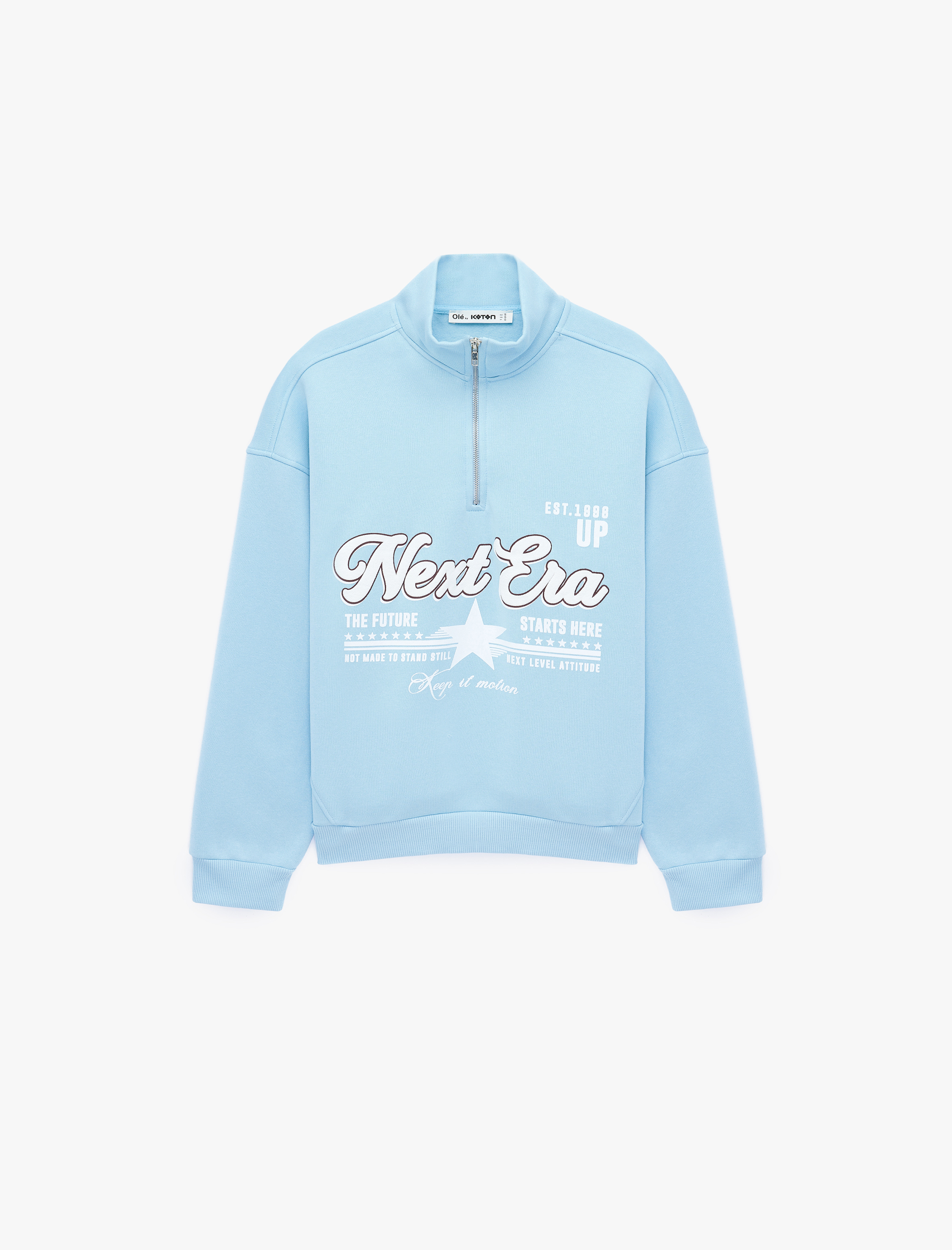   Şardonlu Yarım Fermuarlı Dik Yaka Uzun Kollu Baskılı Sweatshirt