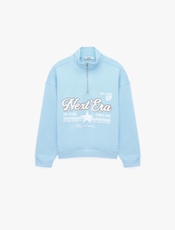 Şardonlu Yarım Fermuarlı Dik Yaka Uzun Kollu Baskılı Sweatshirt